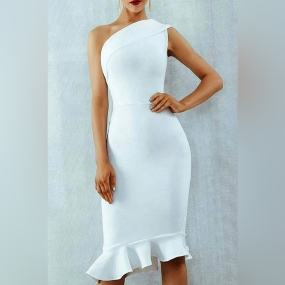 Dresses | Midnight In London Off Shoulder Ruffle Bodycon Midi Dress ...